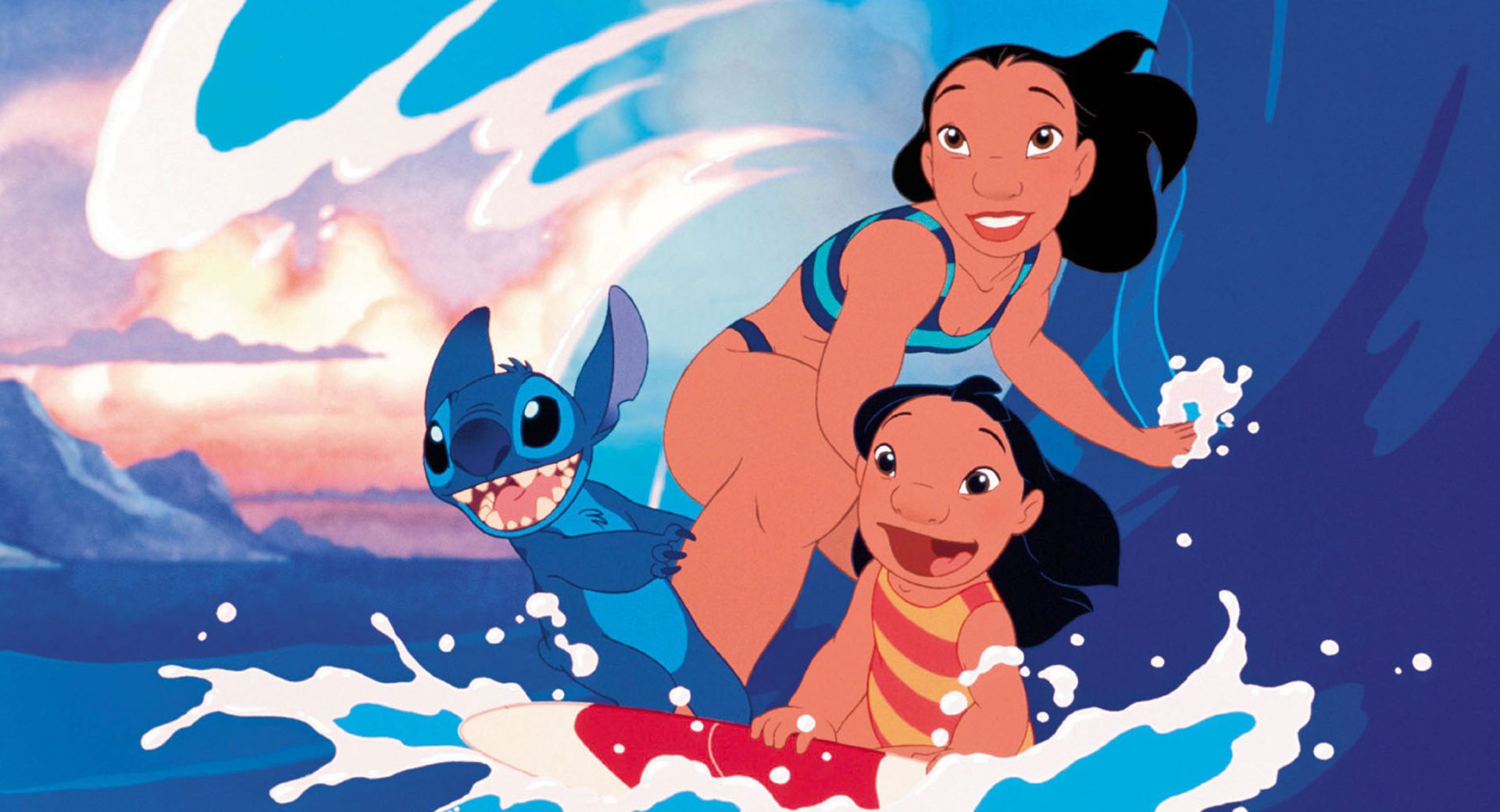 Disney's Lilo and Stitch on a surfboard.