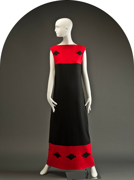 A red and black dress on a mannequin.
