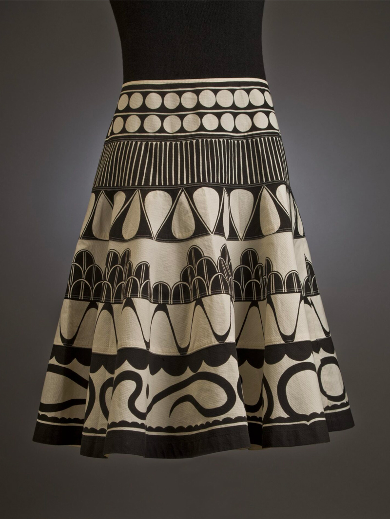 A skirt with black and white designs on it.