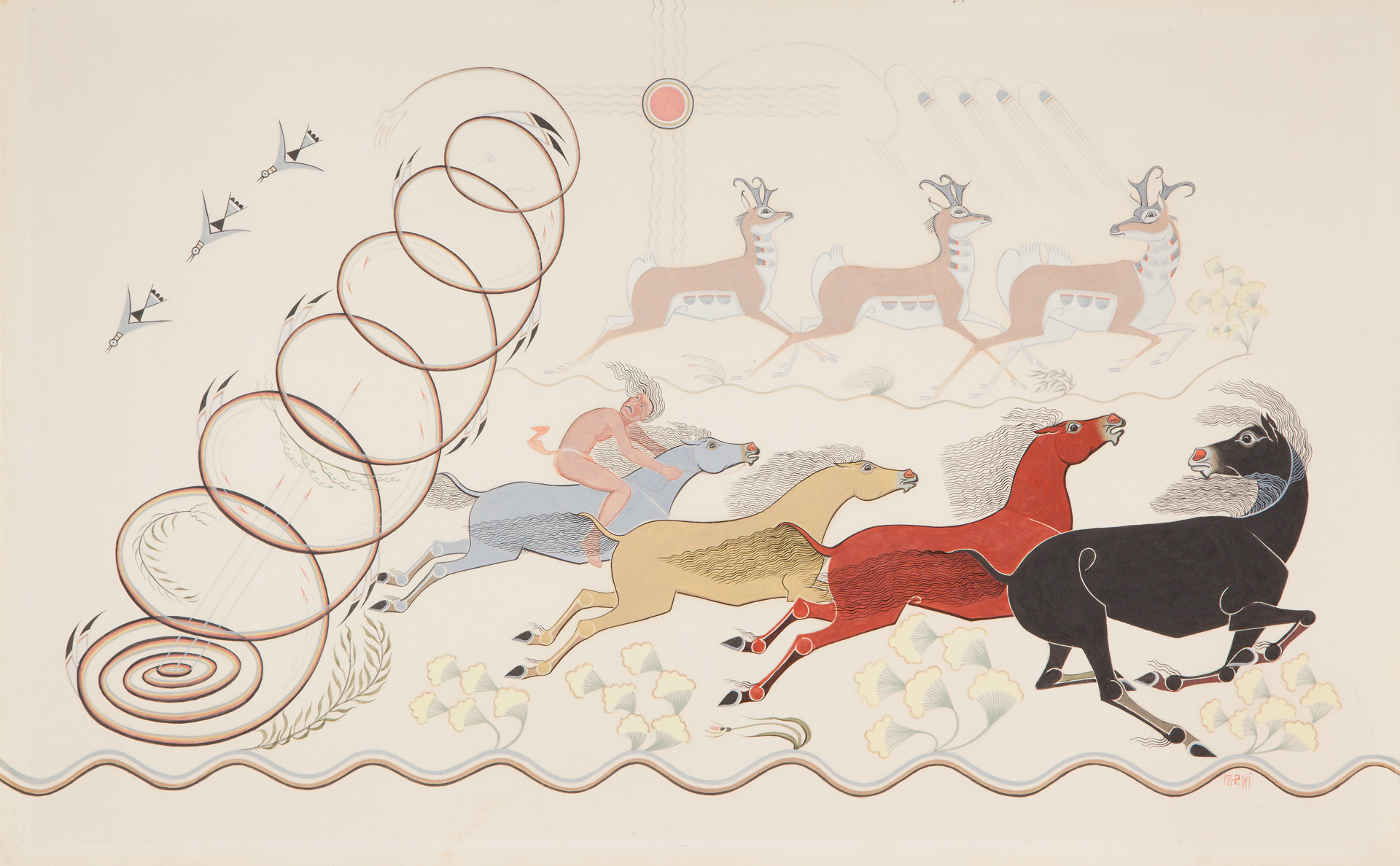 A painting of horses and deer running away from a whirlwind spiral.