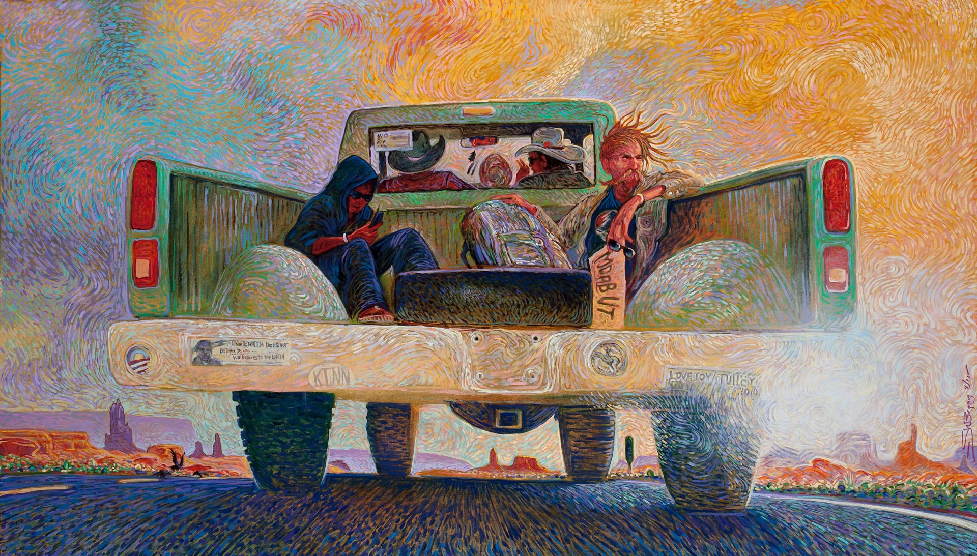 A painting of a truck from the back with two people sitting in the truck bed as it drives down the road.
