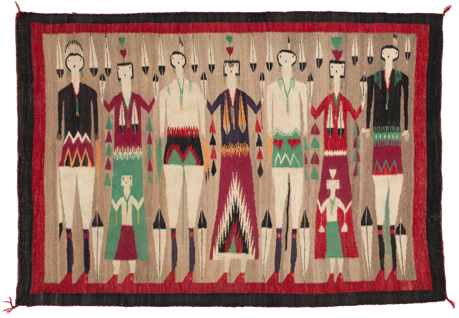 A textile with a group of Native people on it.