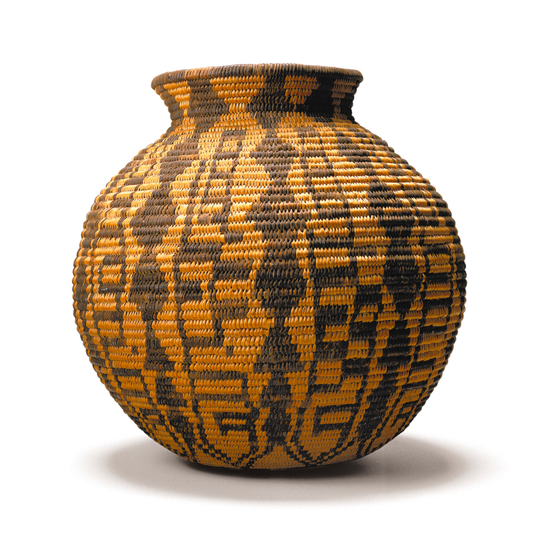 A brown and black woven vase on a white background.