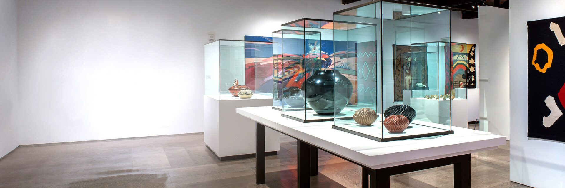A gallery of glass display cases with jars on them and paintings on the walls.