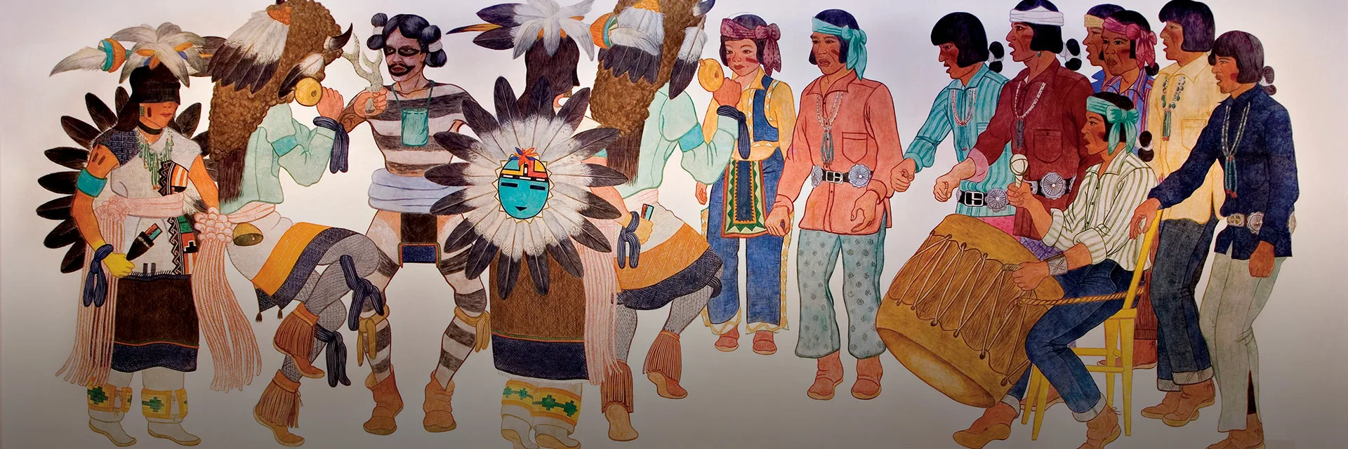 A painting of a group of Native Americans dancing and playing instruments.