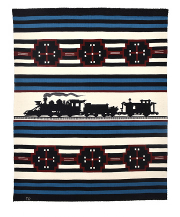 A pictorial textile with a train on it.