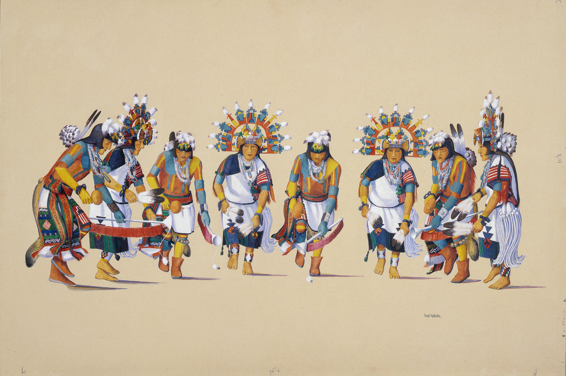 A painting of a group of Native American dancers on a beige background.