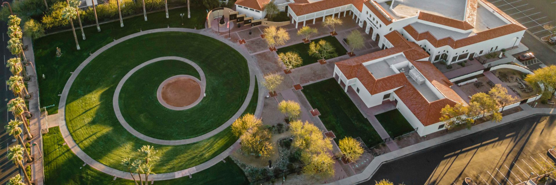 An aerial view of the Heard Museum with a circular lawn.