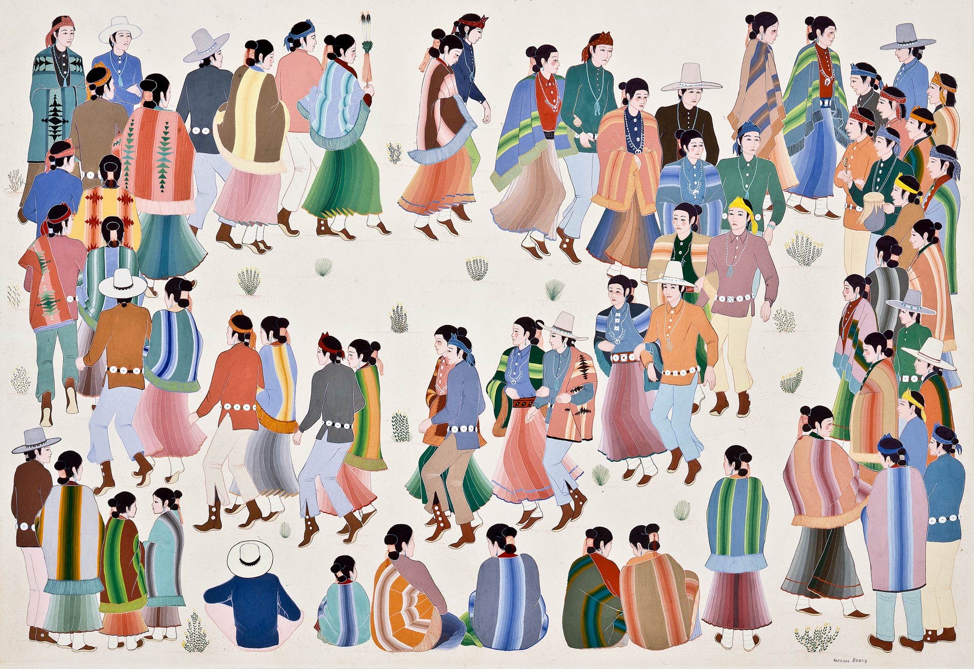 A painting of a group of people dancing in pairs dressed in different colors.
