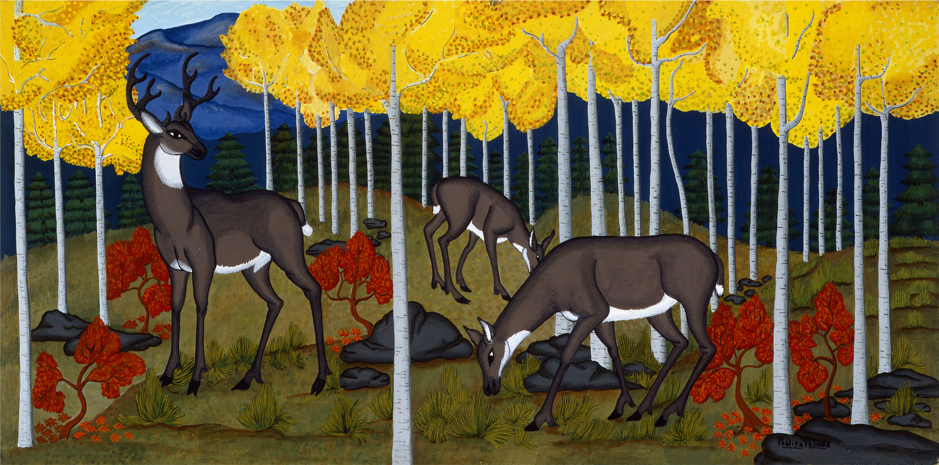 A painting of deer in a forest with yellow aspen trees.