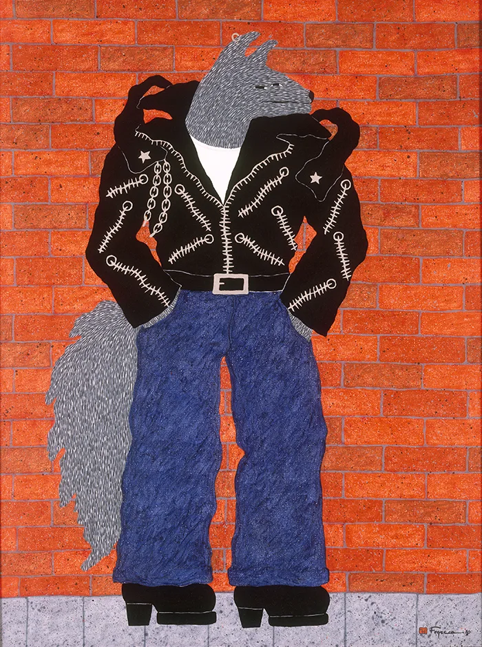 A painting of a coyote wearing a leather jacket with chains and jeans in front of a red brick wall.