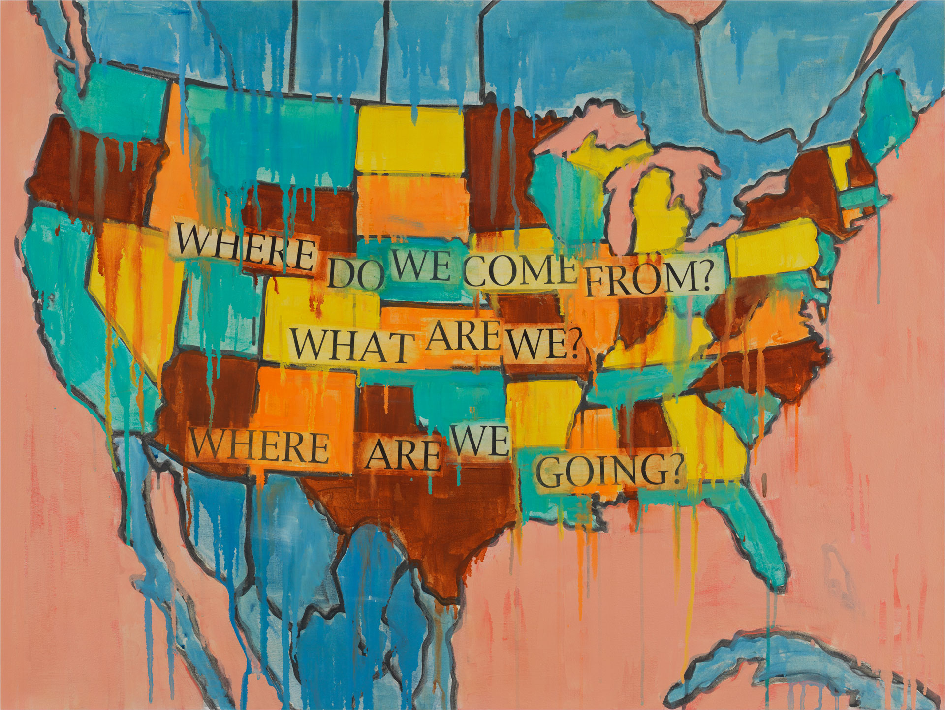 A painting of a map of the United States with text on it that says Where Do We Come From; What Are We; Where Are We Going.