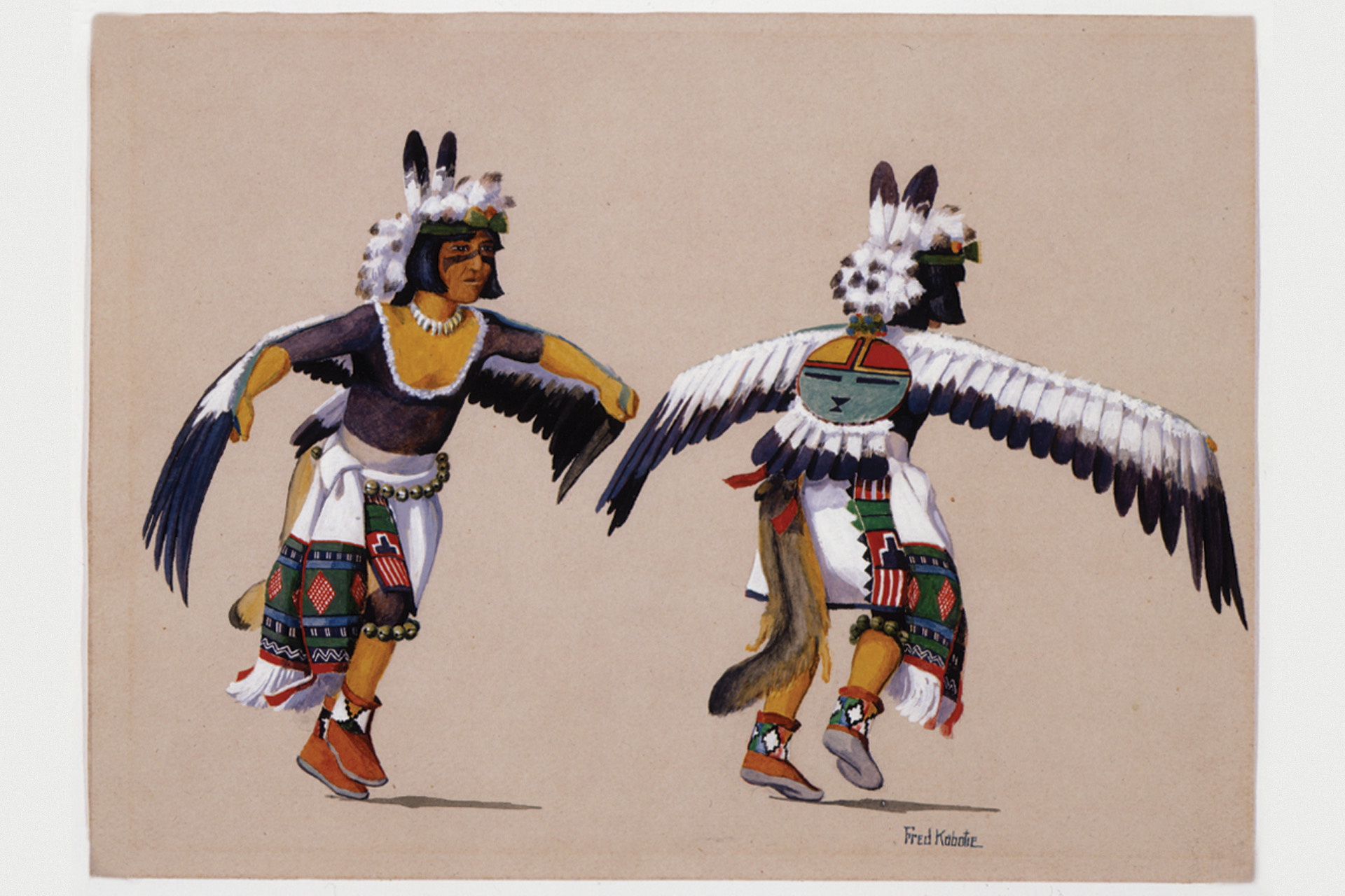 Two Native American dancers with feathered wings and headdresses.