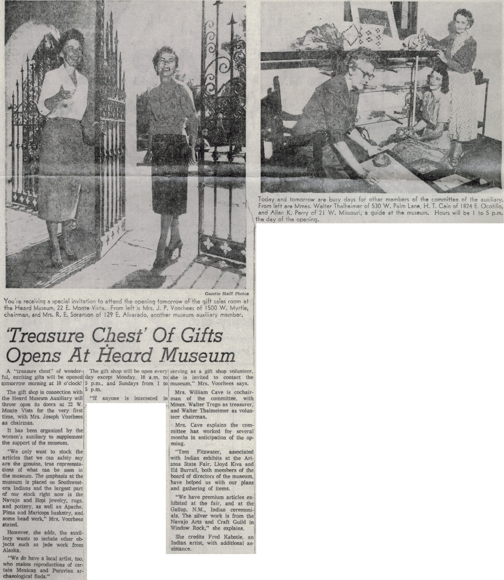 A newspaper article with pictures of women walking through a gate and women working in a shop.