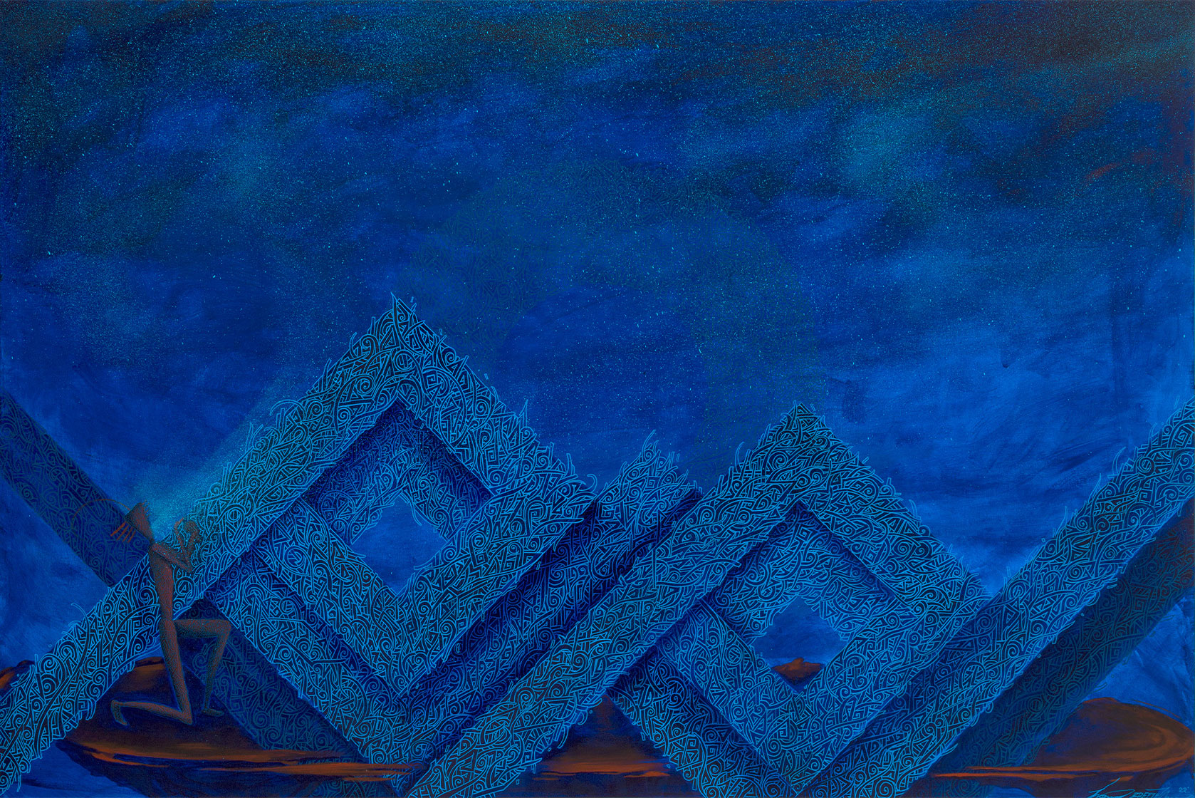 A painting of blue geometric shapes on a blue background.