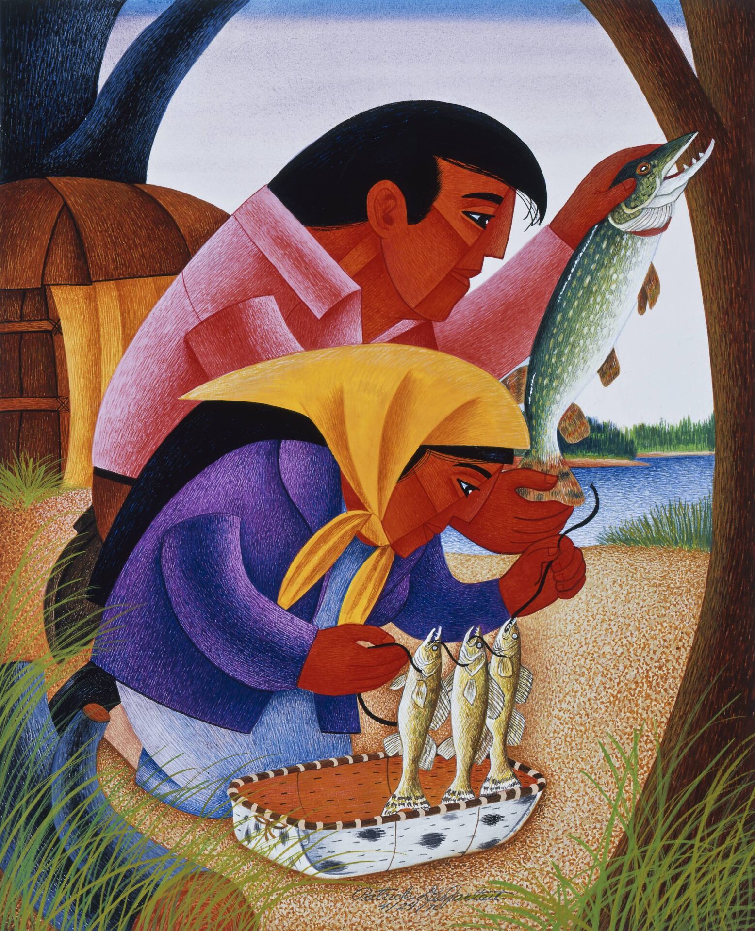 A painting of a Native woman and man holding a fish near a body of water.