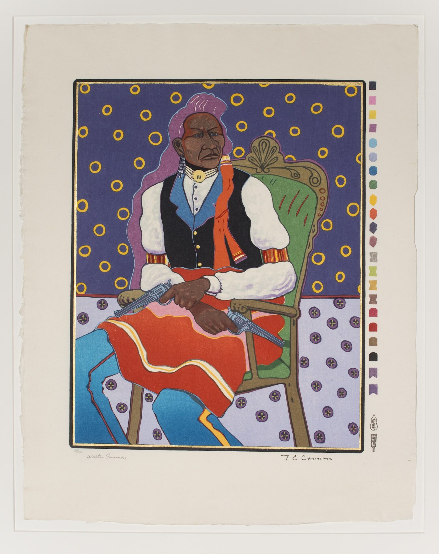 A painting of a Native man sitting in a chair.
