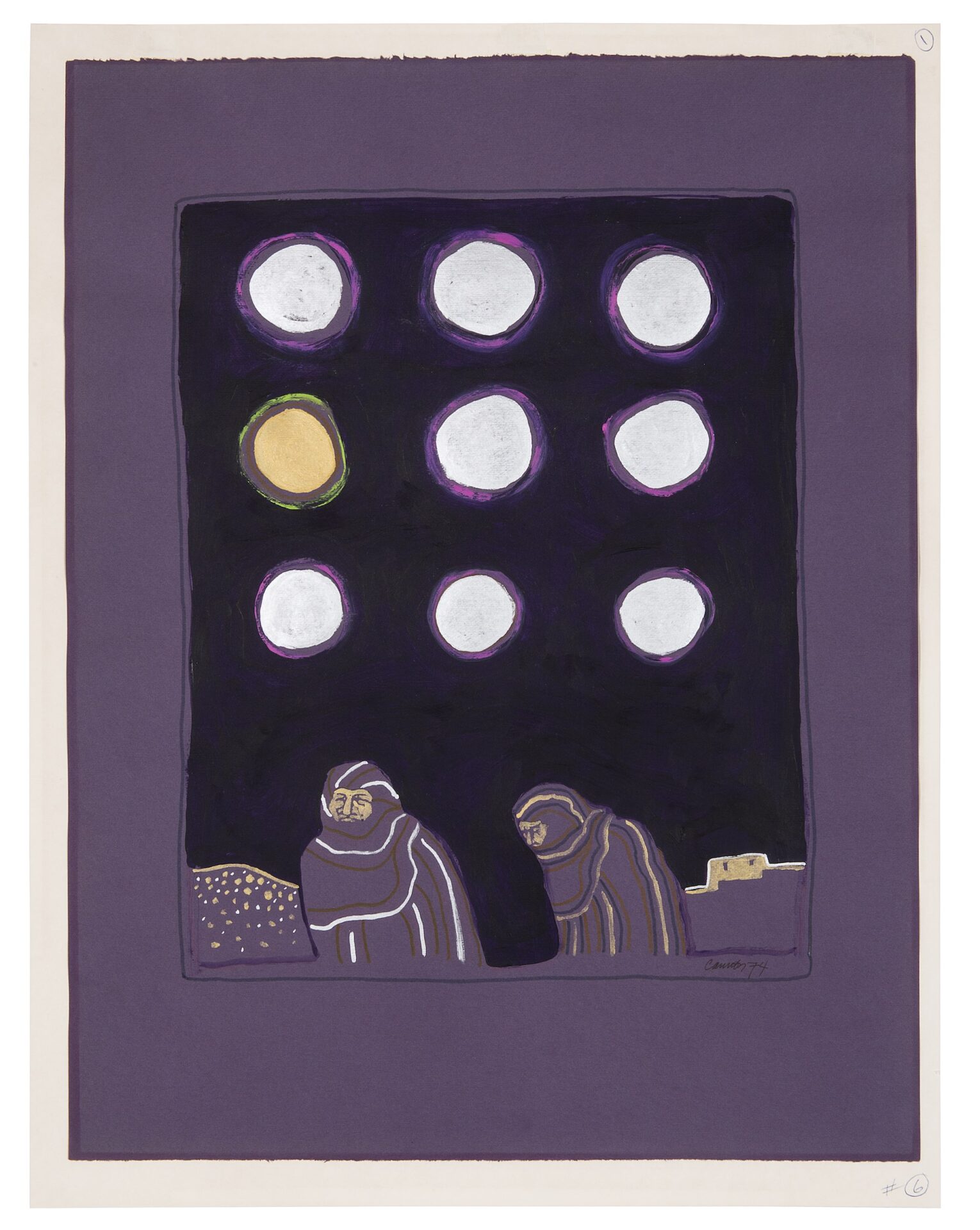 A purple painting of two men standing in front of several moons.