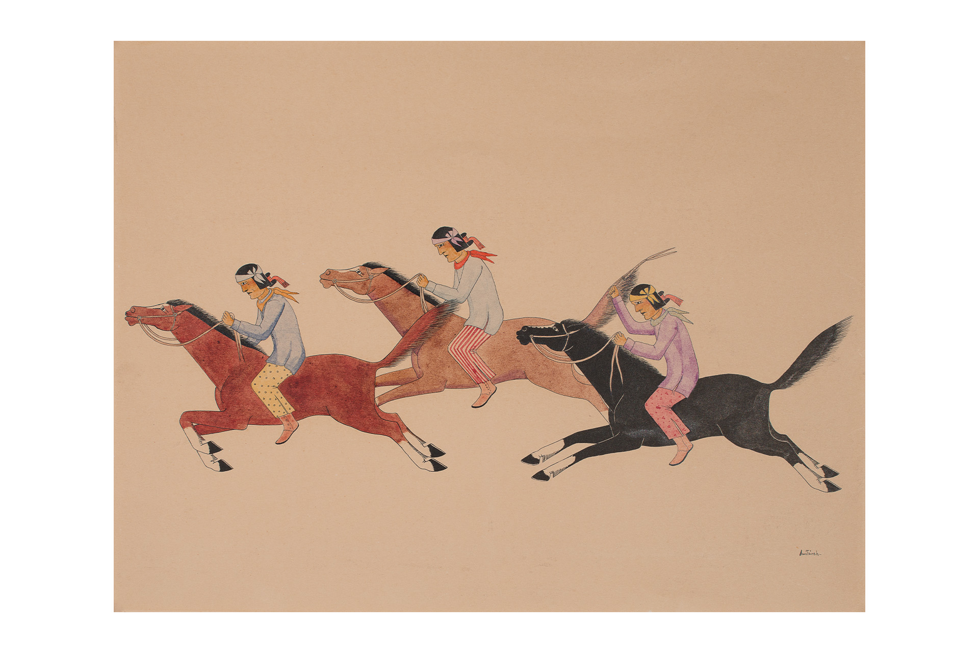 A painting of a group of people riding horses on a beige background.