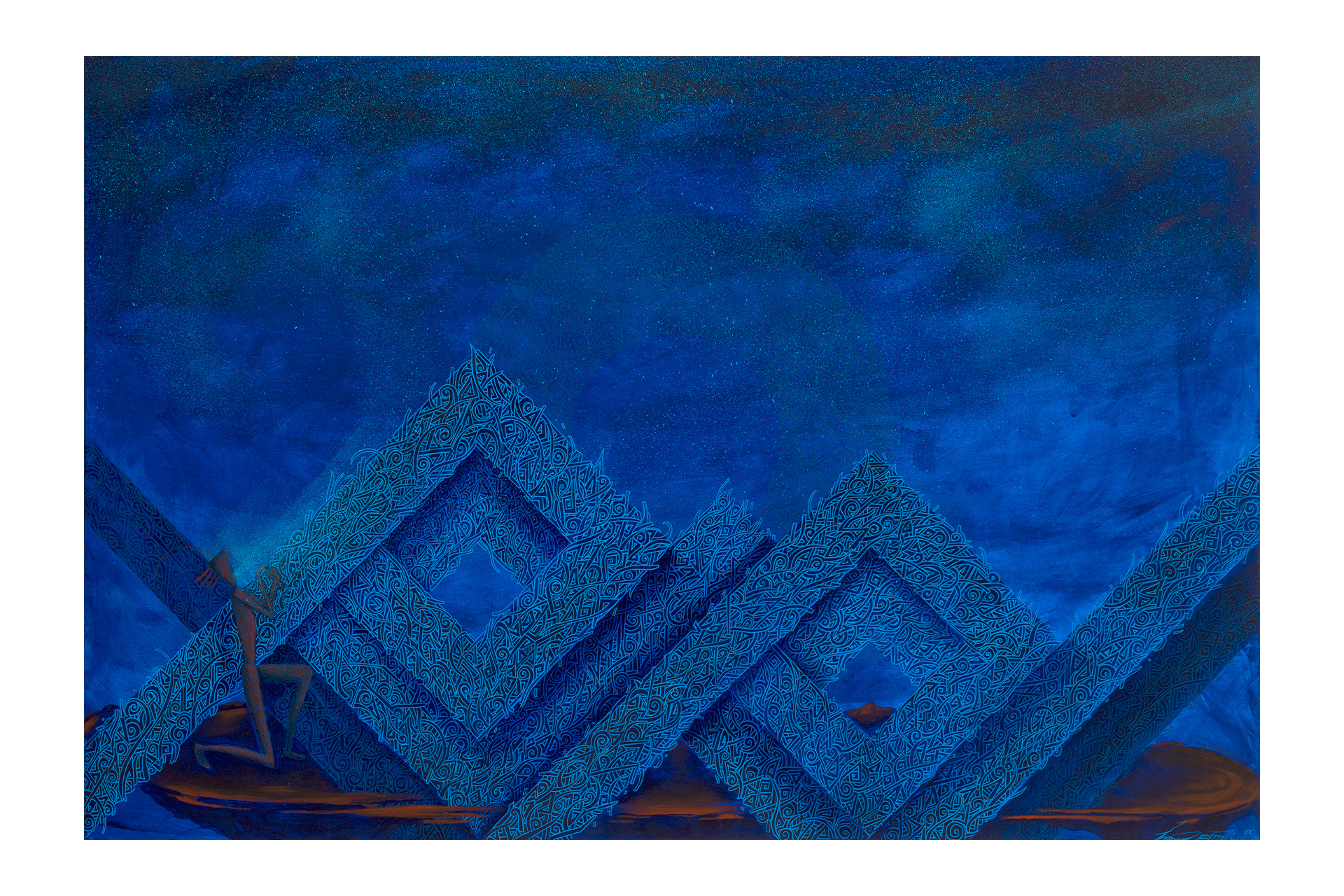 A painting of blue geometric shapes on a blue background.