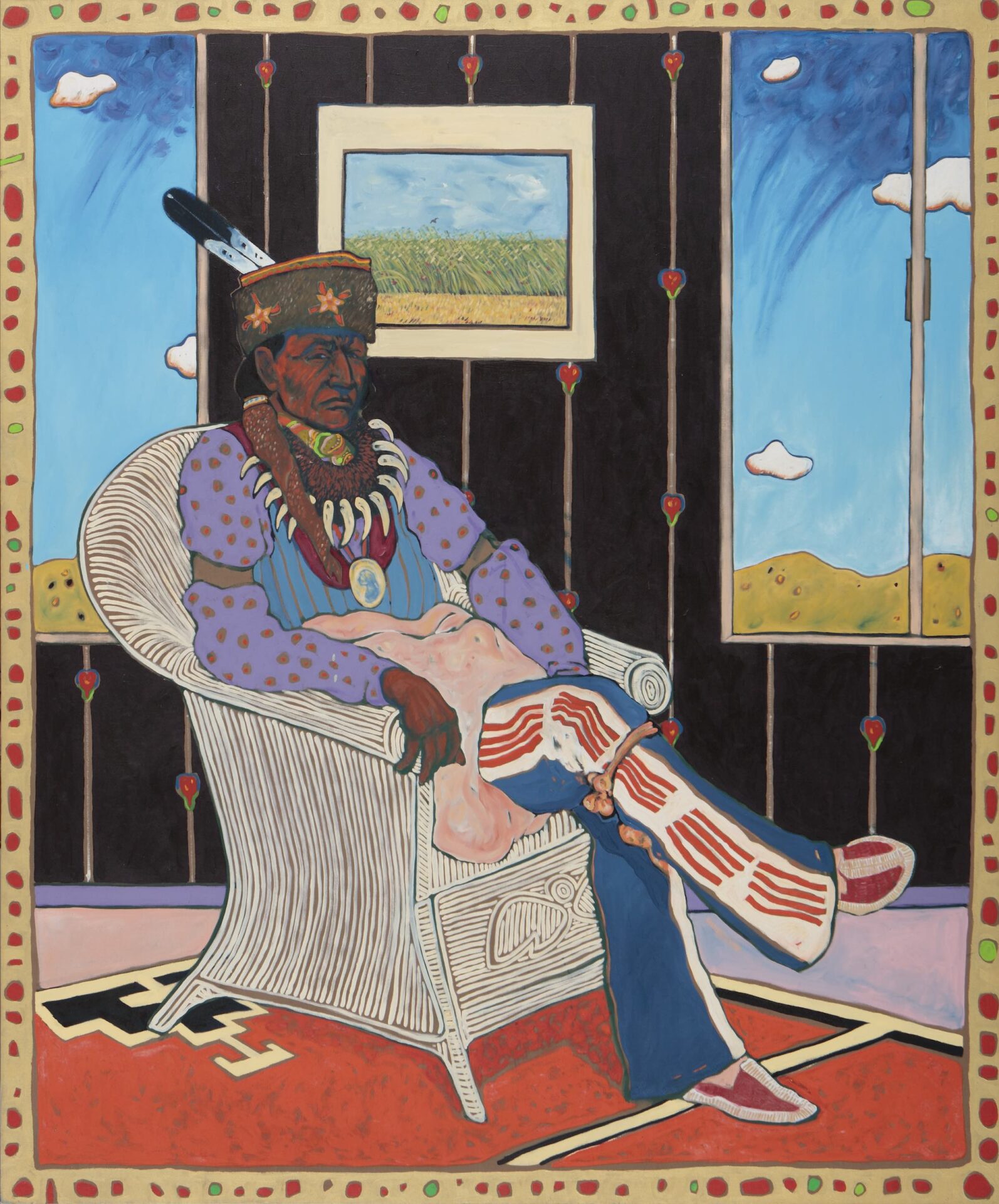 A painting of a man sitting in a chair.