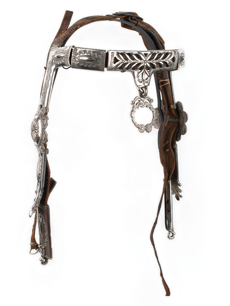 A bridle with a silver buckle and silver studs.