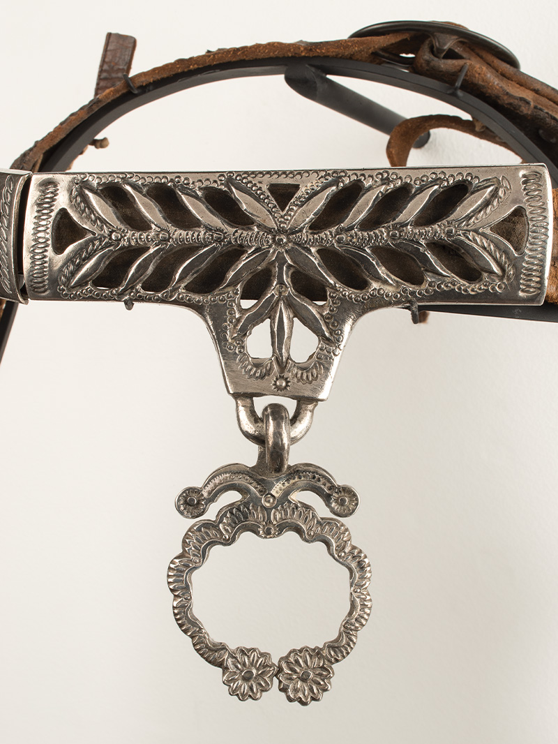 A silver buckle on a horse's bridle.