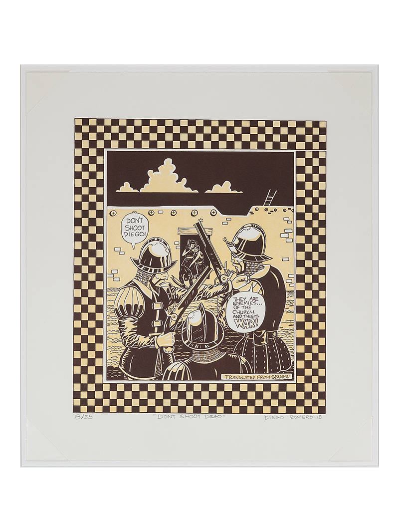 A sepia toned print of a comic book scene with conquistadors in front of a pueblo home with a checkered frame.