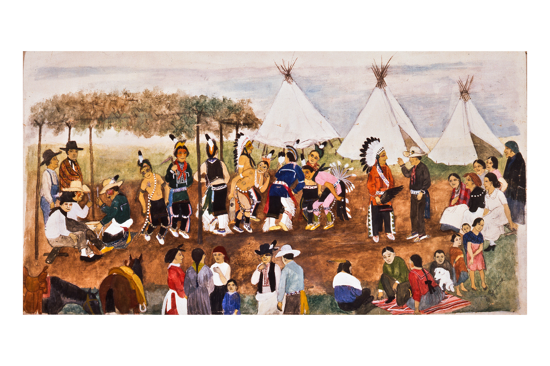A painting of Native people in front of tepees.