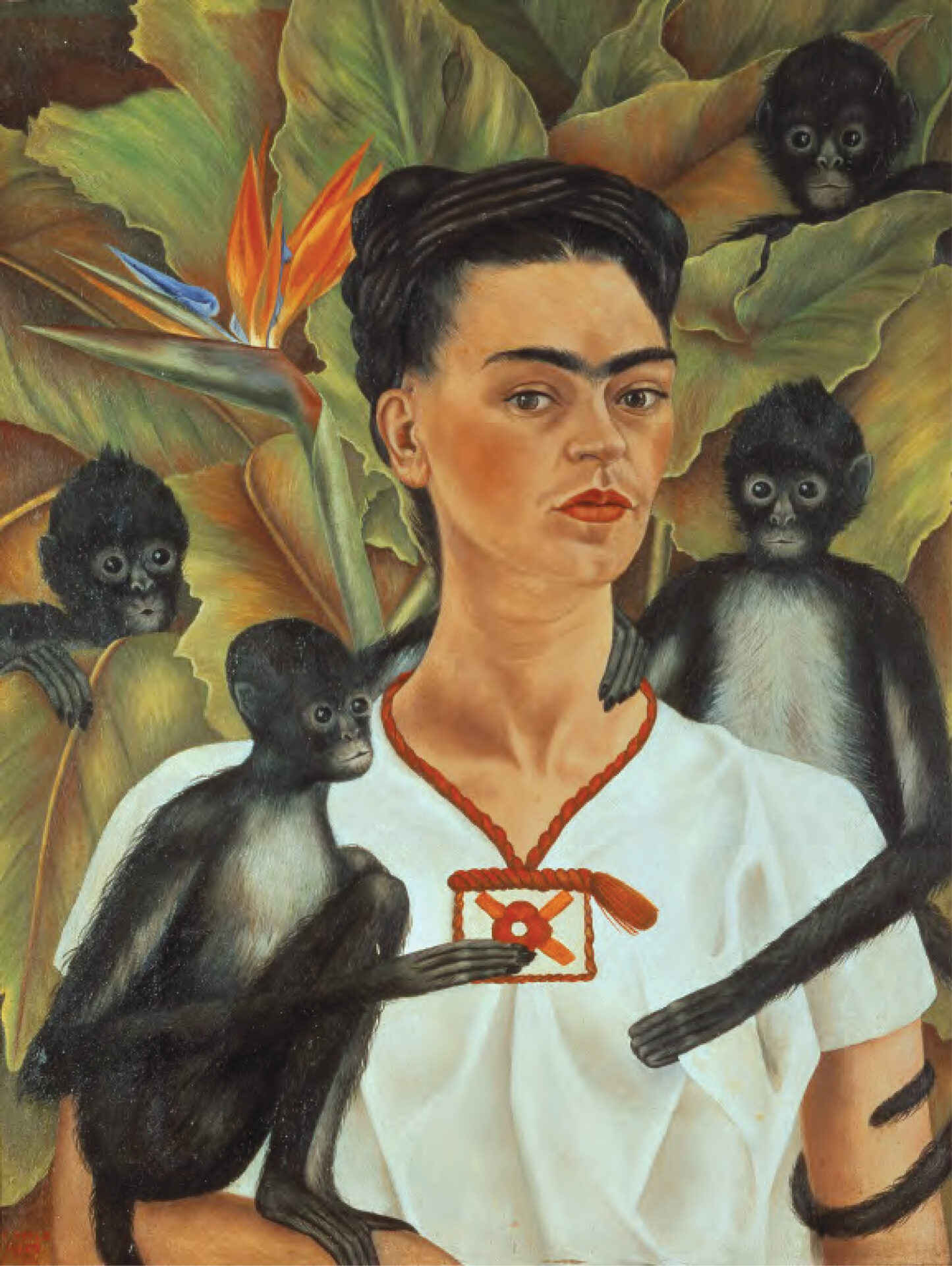 A painting of Frida Kahlo and monkeys by Frida Kahlo.