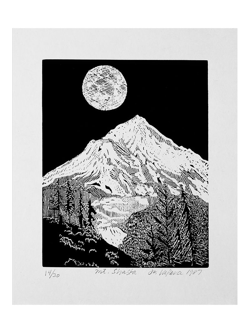 A black and white drawing of a mountain with a full moon.