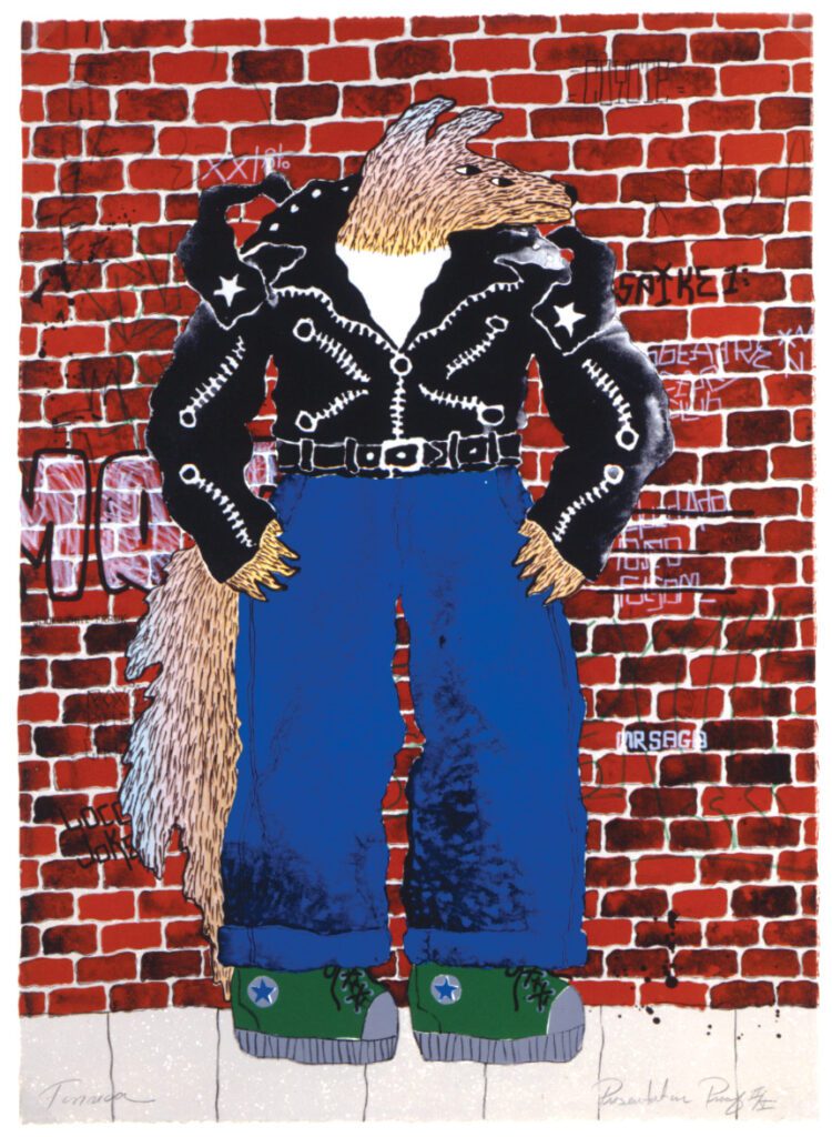 A painting of a coyote wearing a leather jacket with chains and jeans in front of a red brick wall.