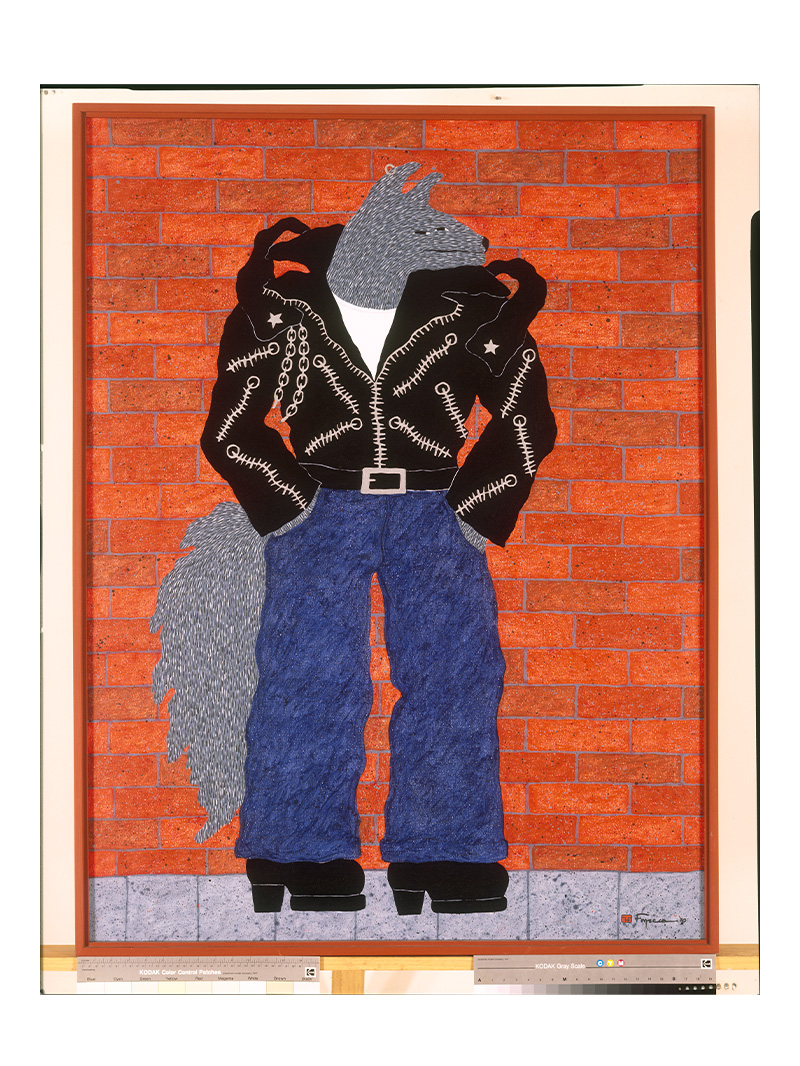 A painting of a coyote wearing a leather jacket with chains and jeans in front of a red brick wall.
