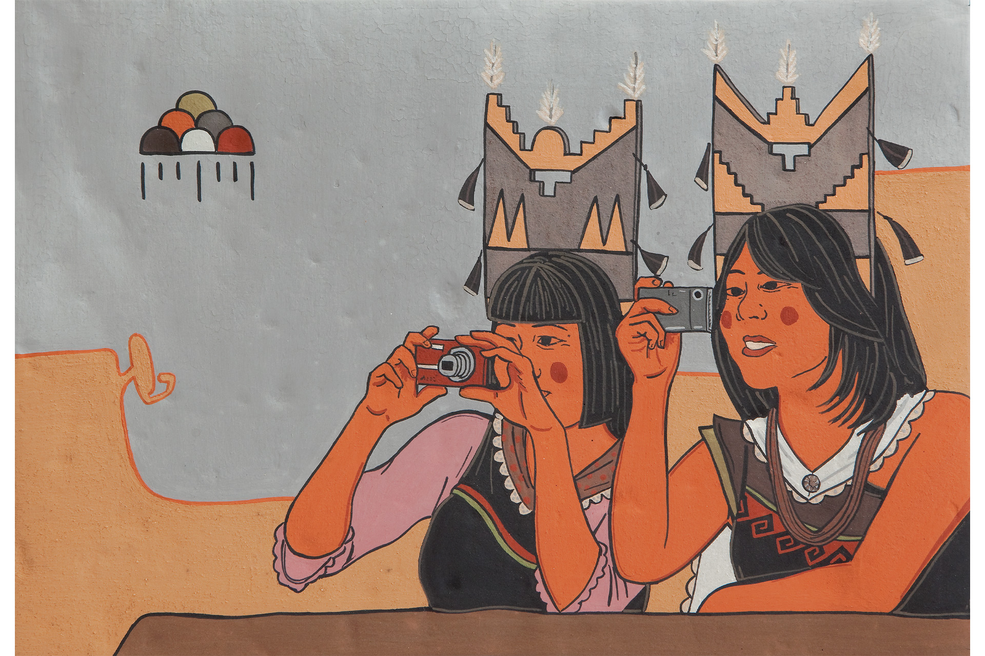 A print of two Native women snapping photos with digital cameras.