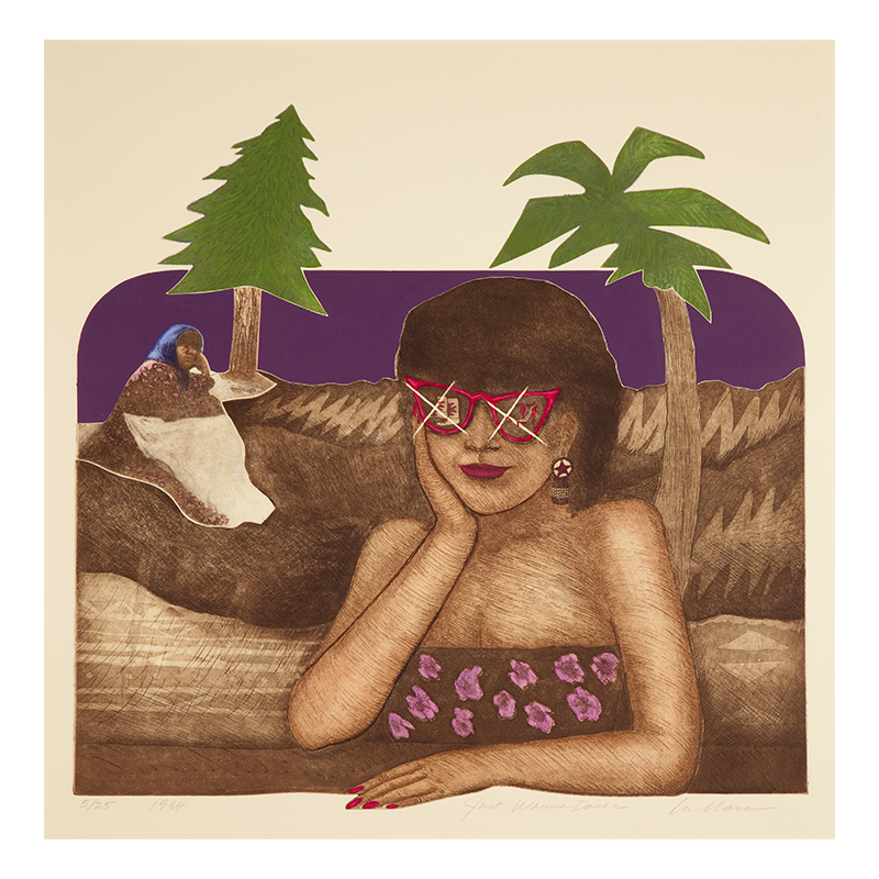 A drawing of a woman with short brown hair and red sunglasses and trees in the background.