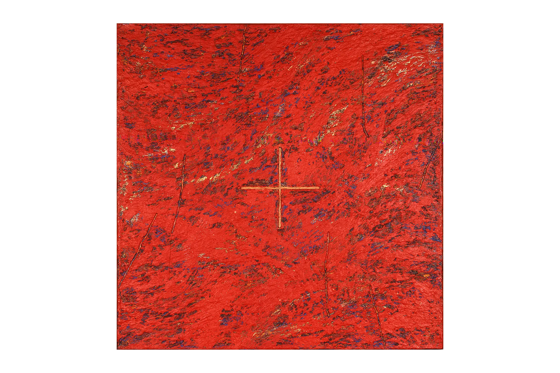 A red painting with a cross on it.