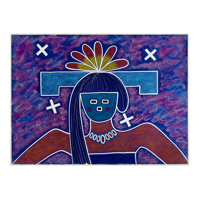 A print of an American Indian woman with geometric shapes on her head.