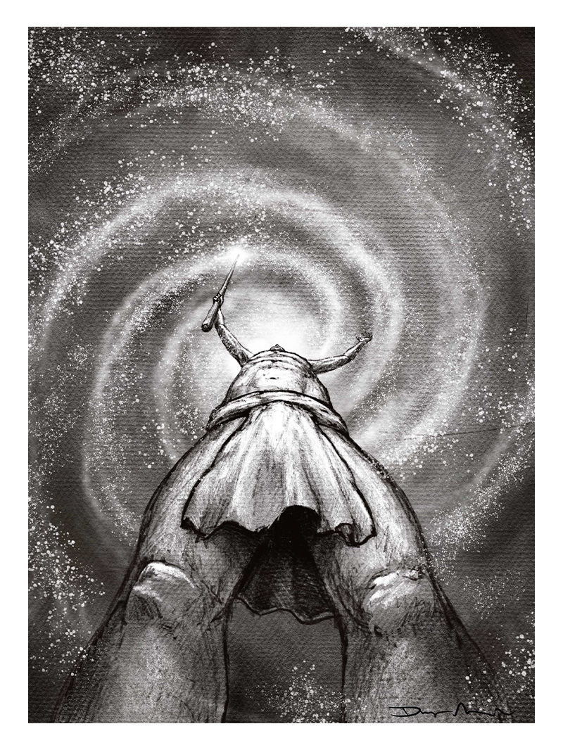 A black and white drawing of a person looking up to the sky with his arms outstretched toward a swirling starry sky.