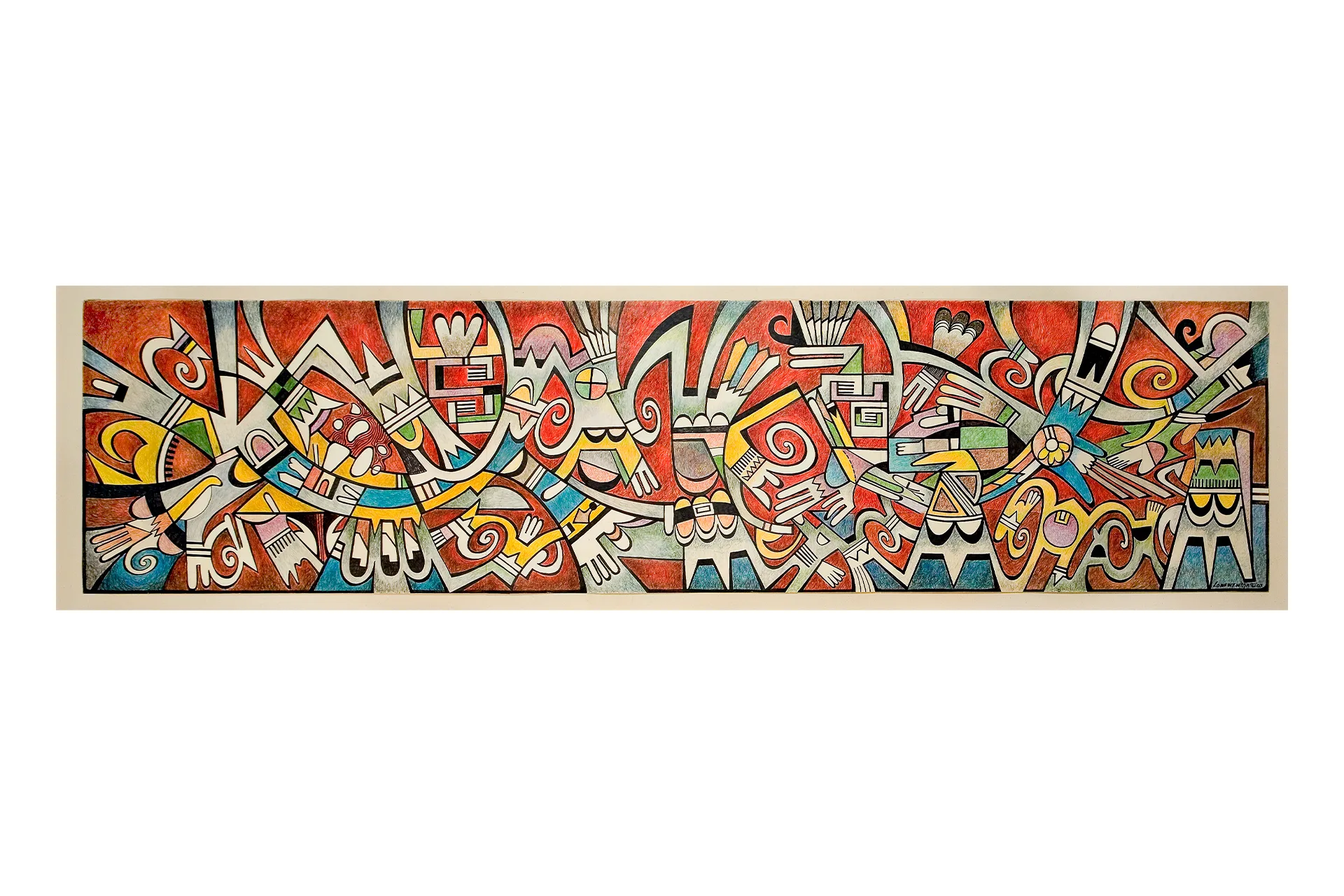 An abstract painting of shapes in shades of red, blue and yellow.