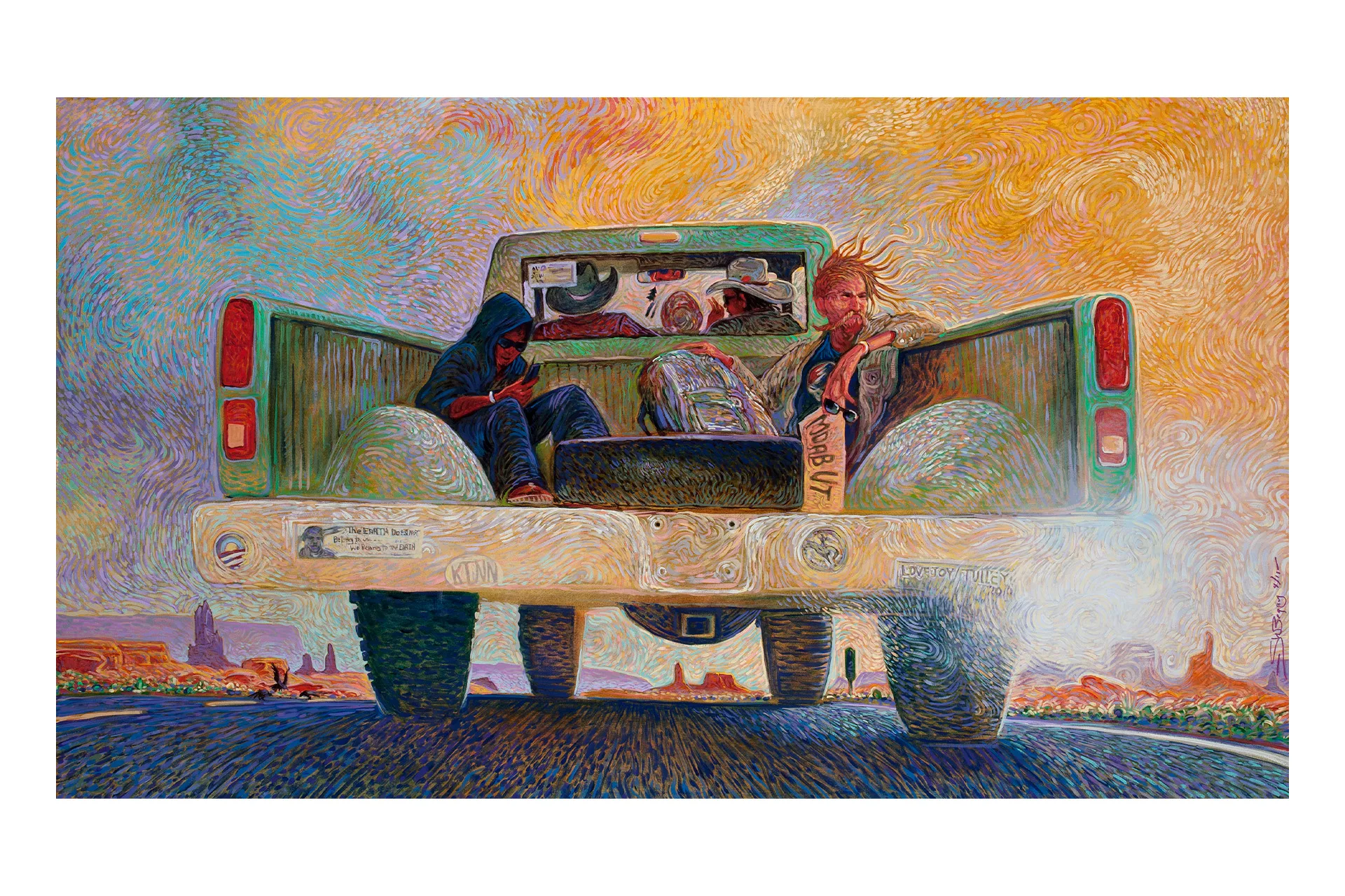 A painting of two people sitting in the back of a truck.