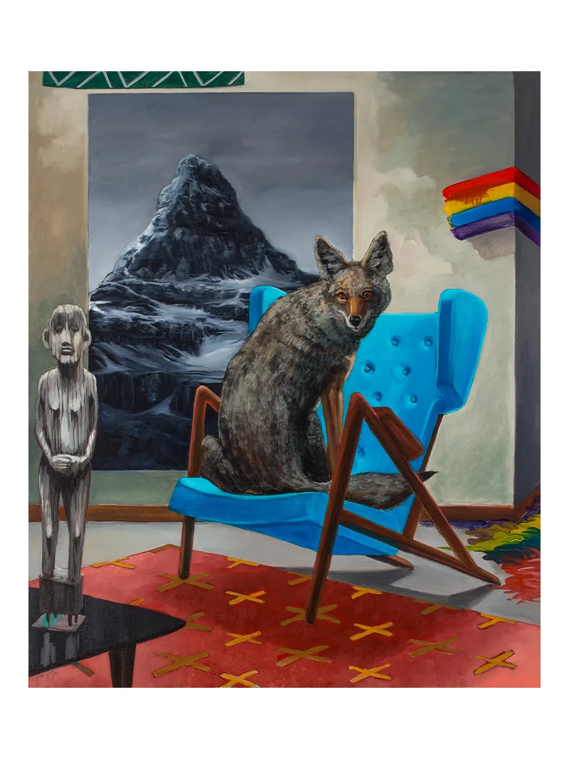 A painting of a coyote sitting in a blue chair.