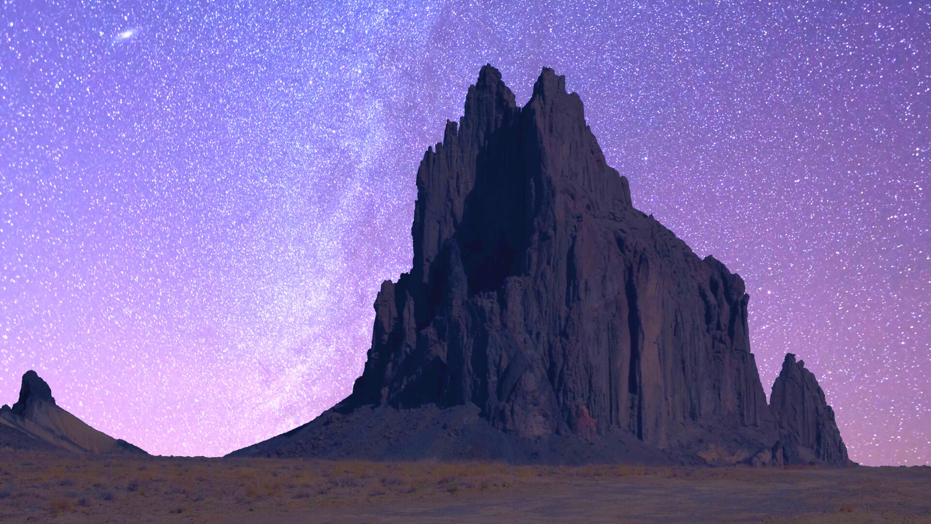Shiprock. New Mexico. A rock formation in the desert with a starry sky.