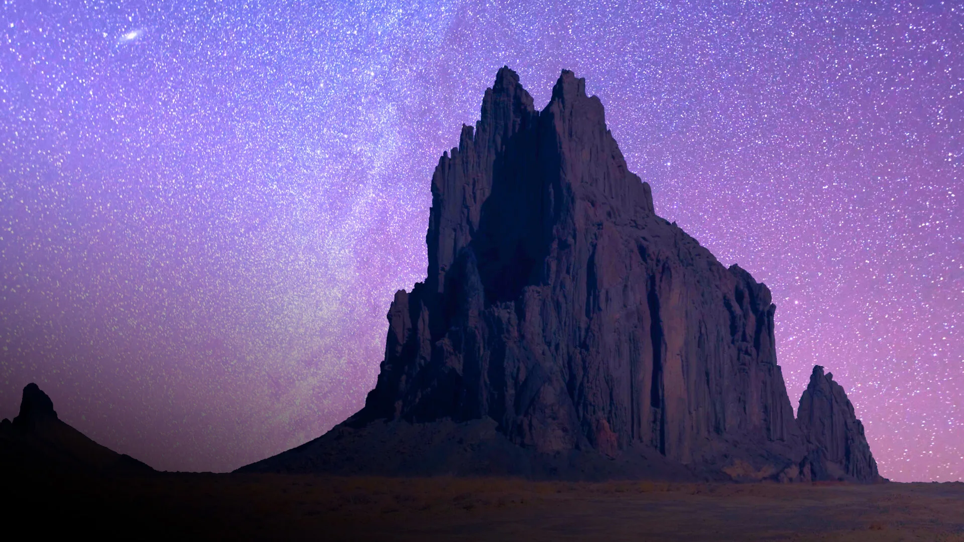 Shiprock. New Mexico. A rock formation in the desert with a starry sky.