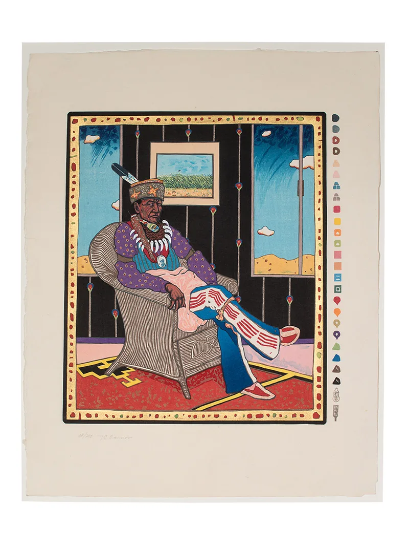 A drawing of a man sitting in a chair.