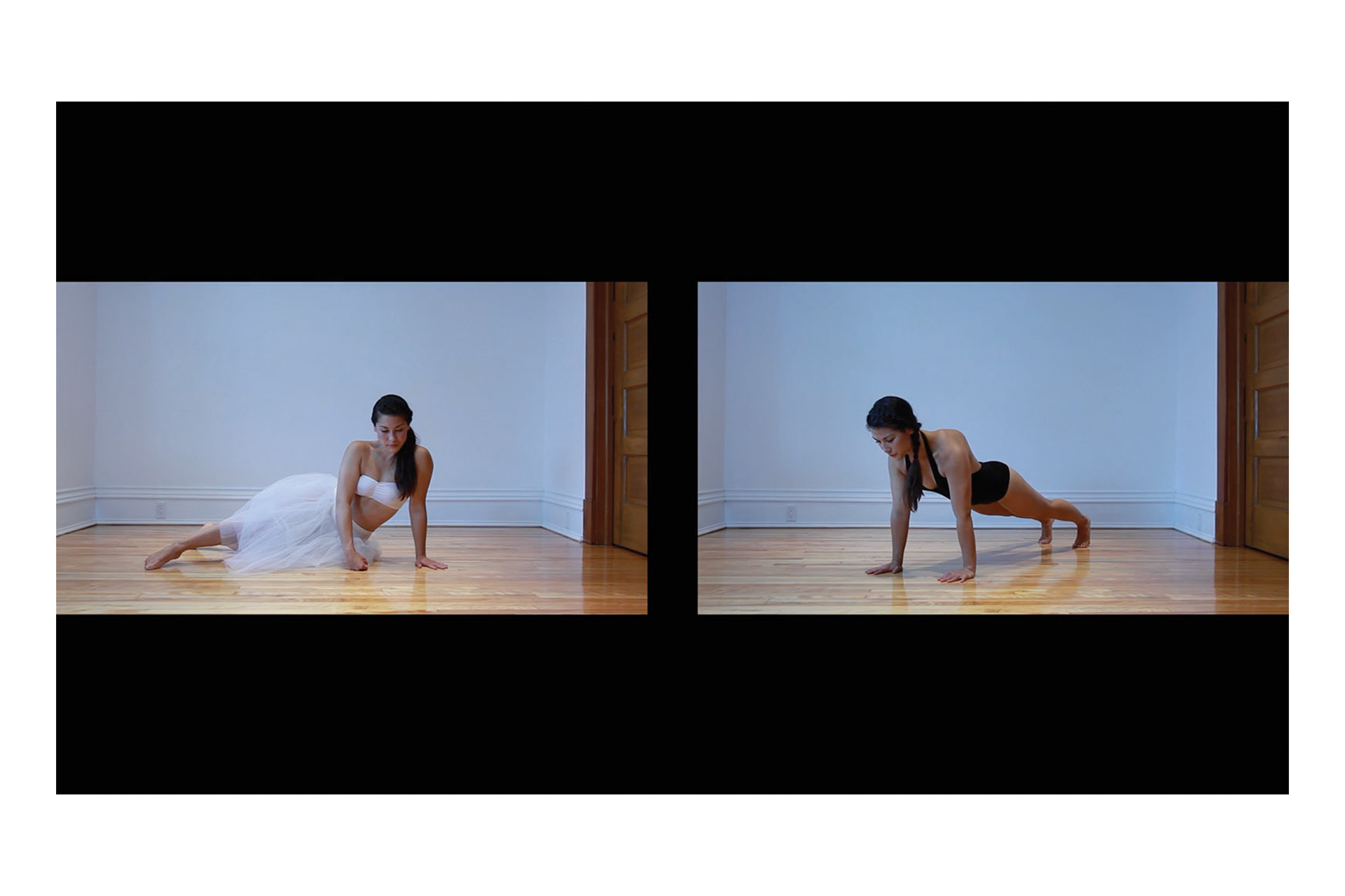 Two images of a woman doing a push up on a wooden floor.