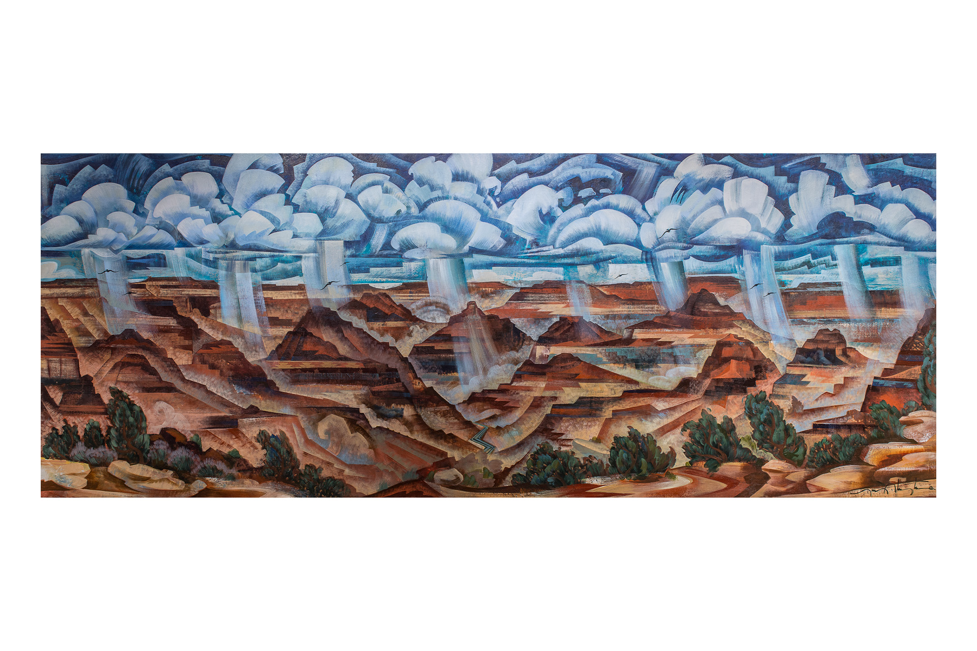 A painting of mountains and the Grand Canyon with rain pouring down from blue and white clouds.