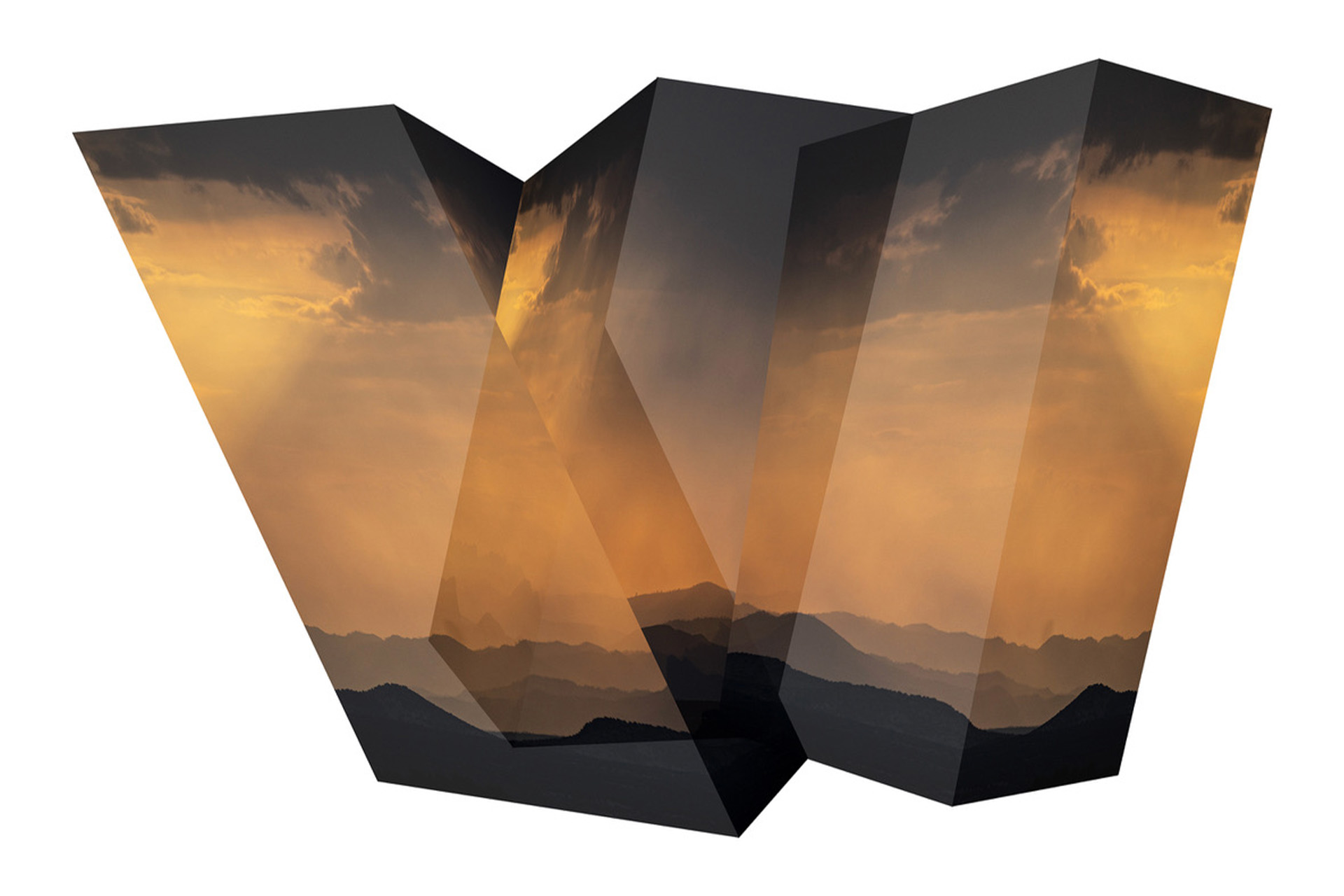 A 3d image still of a geometric shape with orange and yellow cloudy skies and mountains in the background.
