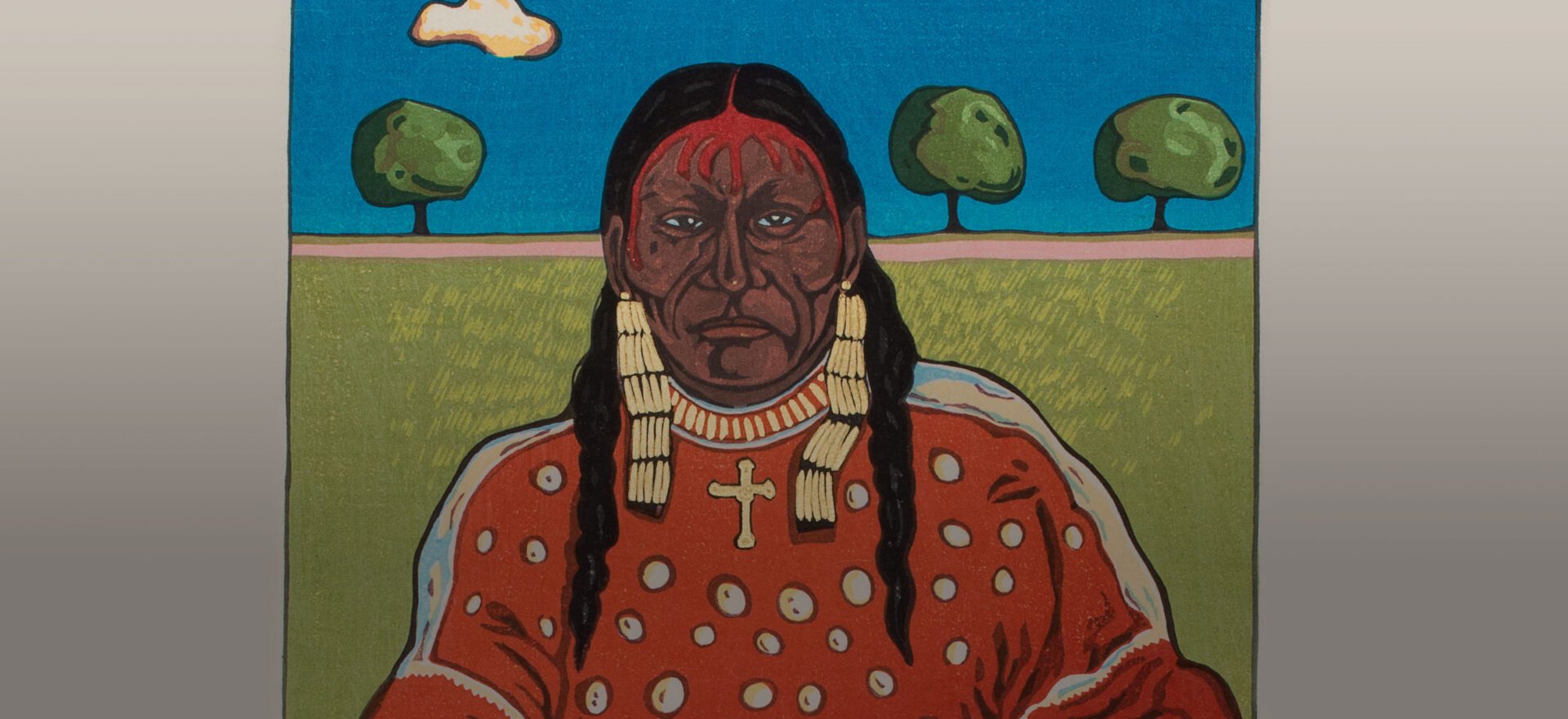 A painting of a Native woman wearing red with green grass, trees and blue sky in the background.