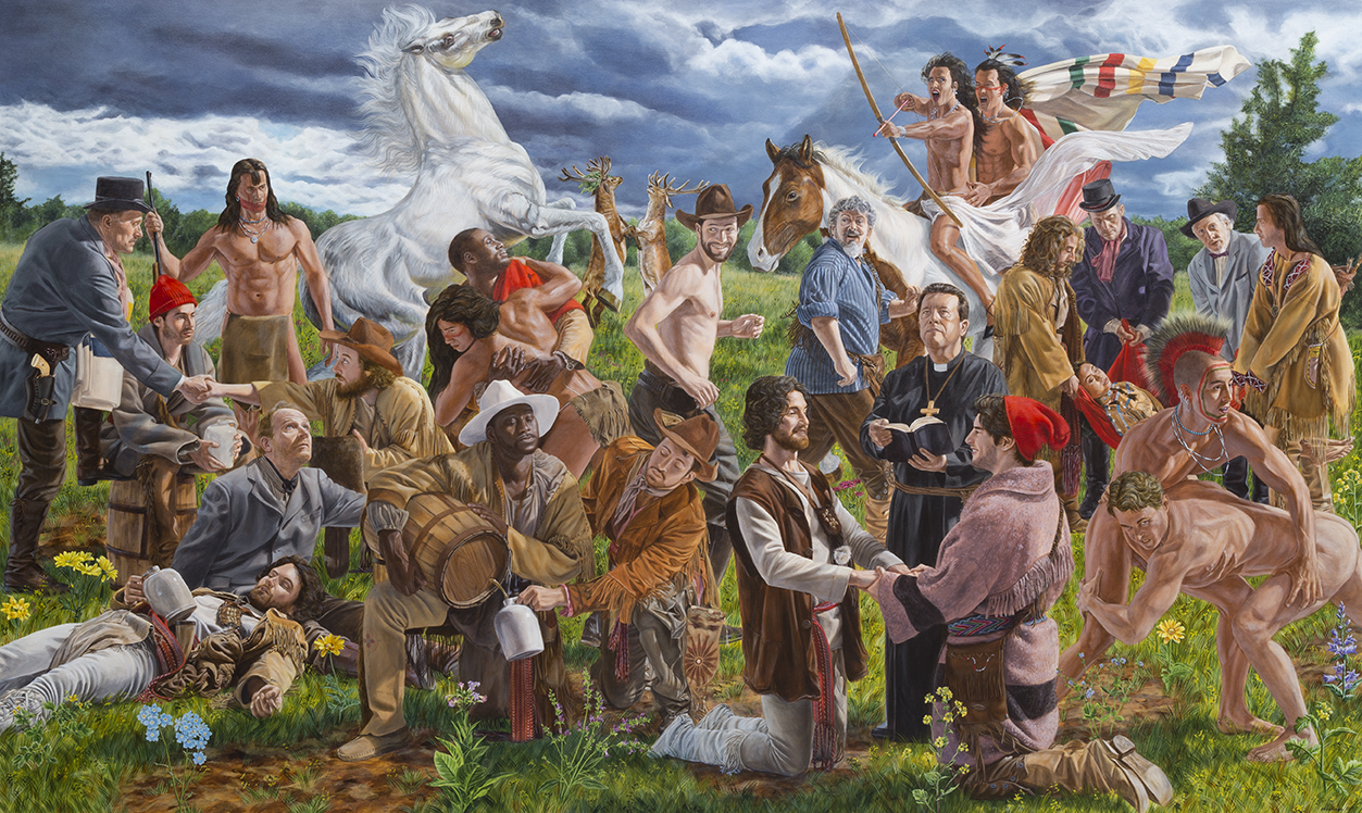 A painting of a group of people in a field.