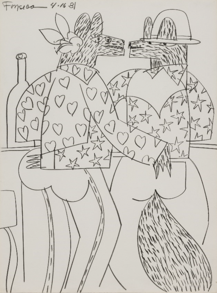 A drawing of a man and a woman with a bottle of wine.